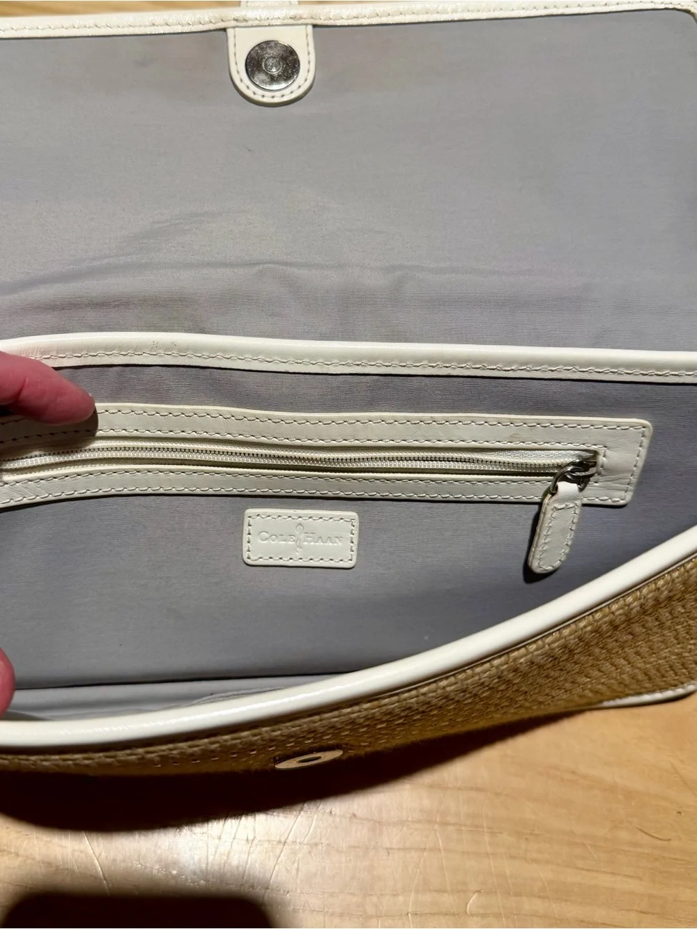 Cole Haan Beige Woven Clutch with White Trim